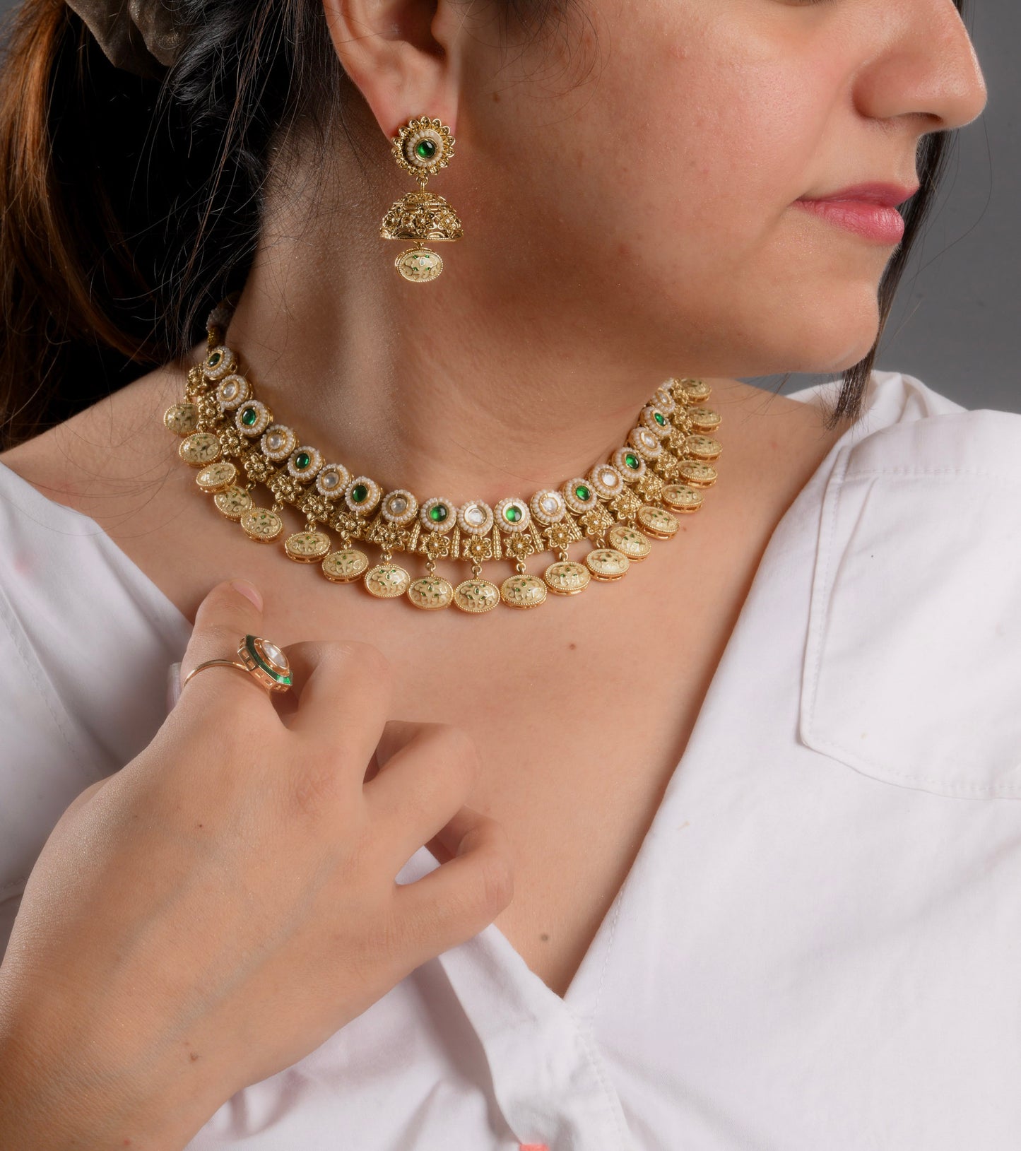 Meenakari Green Necklace with Flower Jhumkis