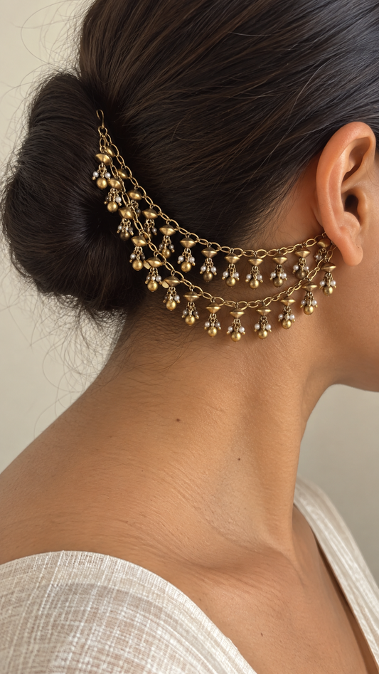 Jhankaar Two-Layer Kanauti with Golden Bead Drops (Ear Chain)