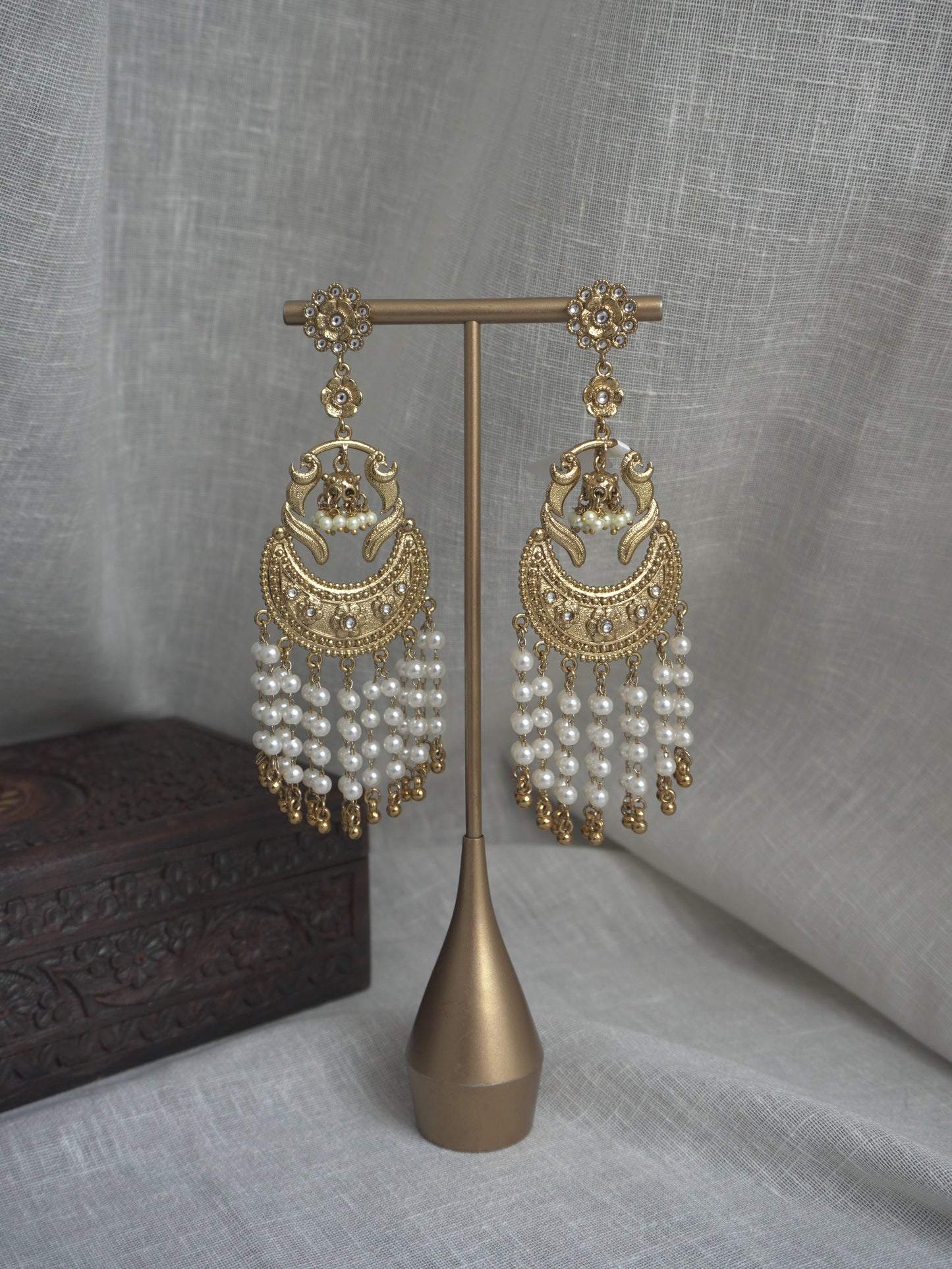 Gold Pearl Chandbaali Earrings
