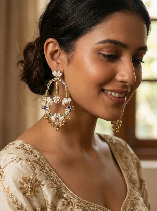 Lotus Meenakari Peacock Chandbaali Earrings