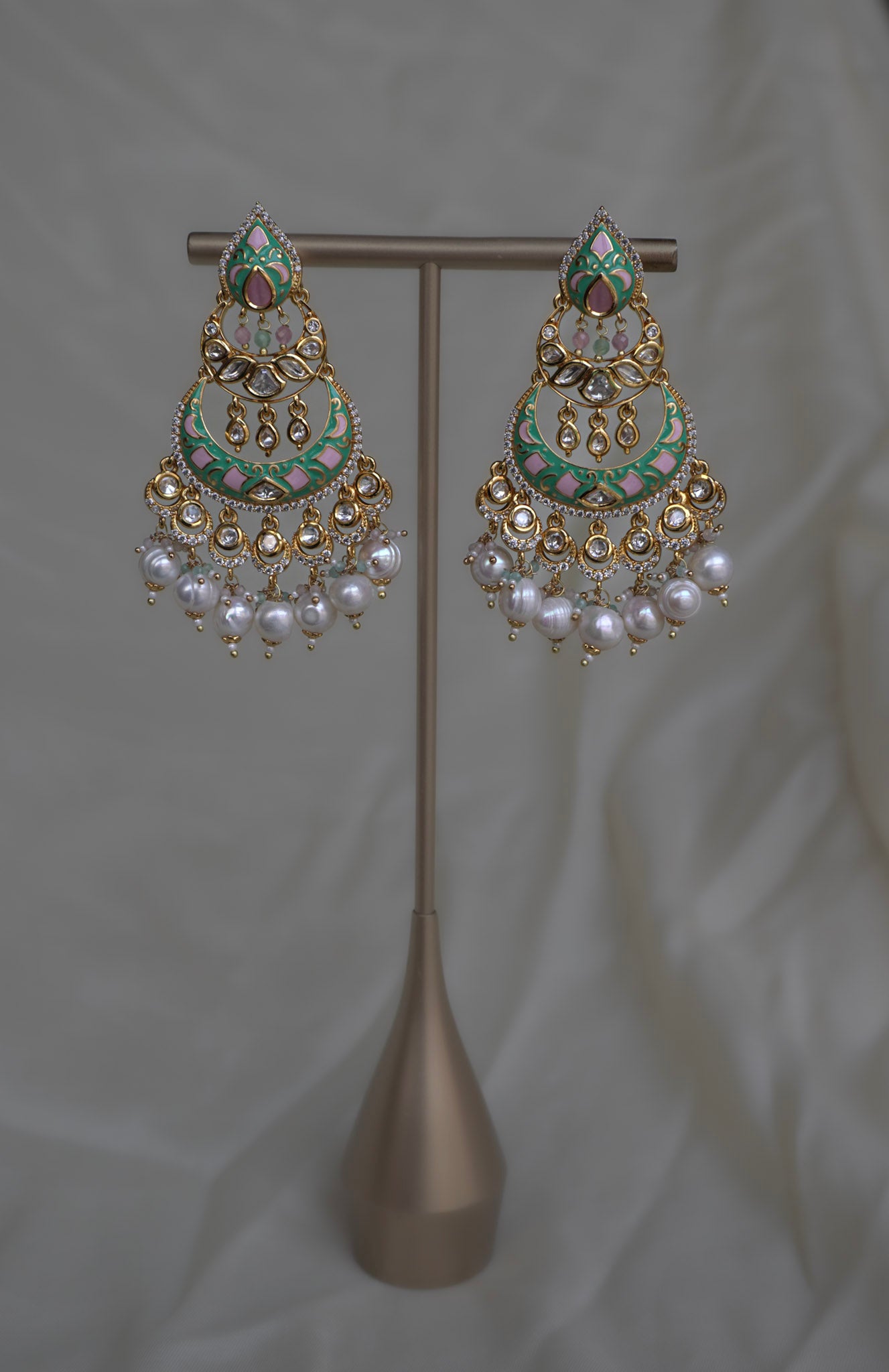 Ira Mint & Pink Meenakari Chandbaali Earrings