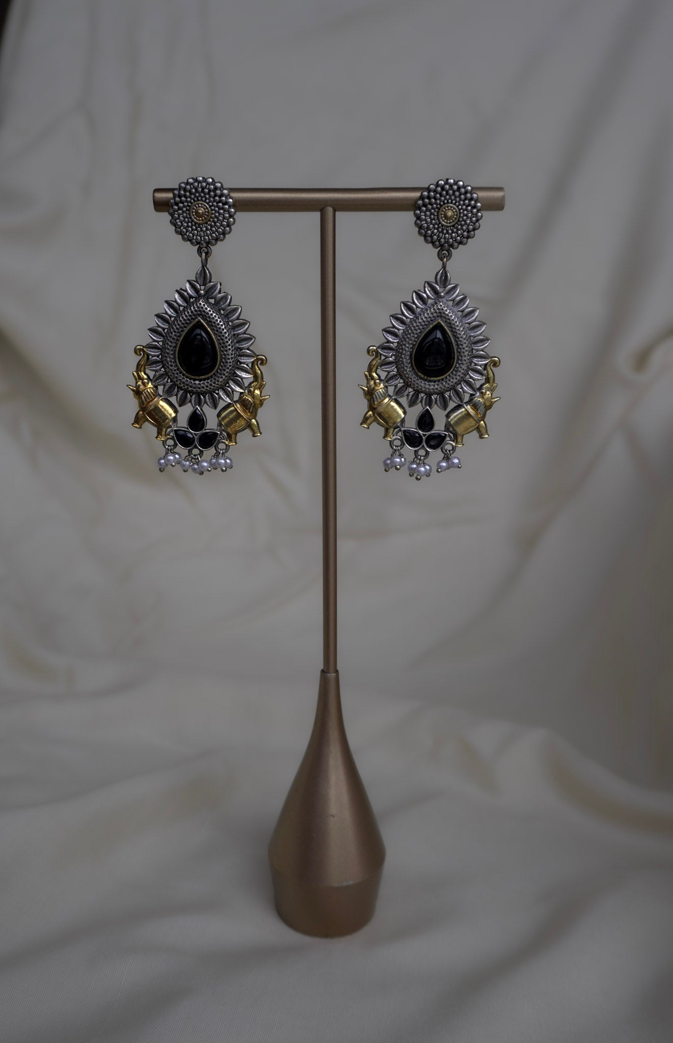 Dual Tone Elephant Oxidised Earrings