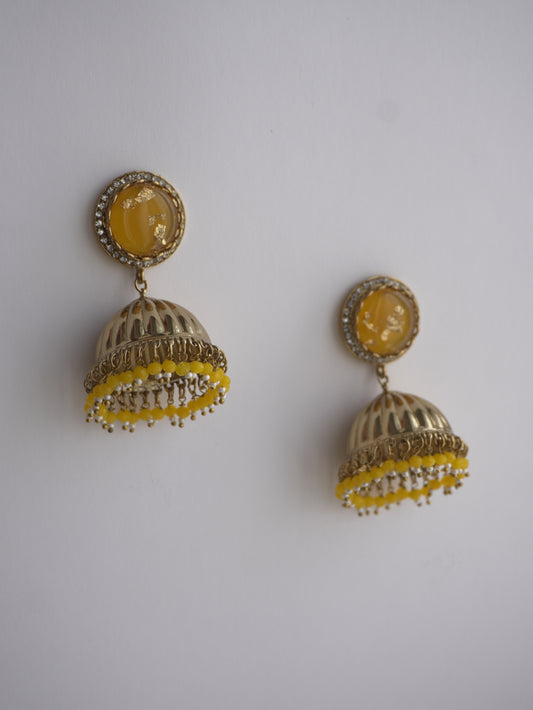 Sunheri Yellow Beaded Jhumka Earrings