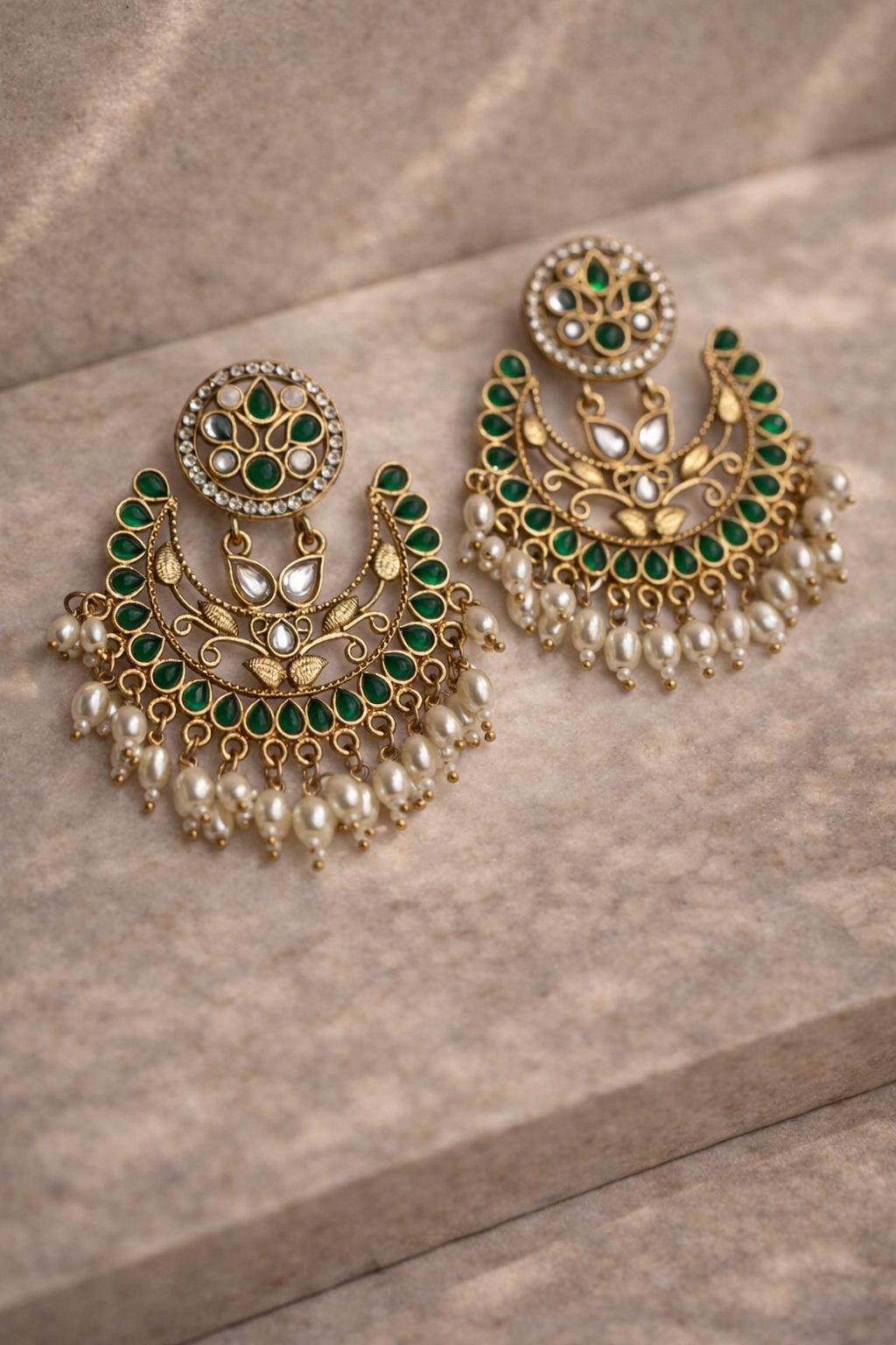 Green Chandbali Earrings with Pearls