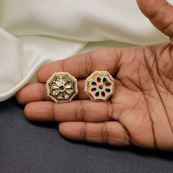Kundan Pearl Hexagon Studs