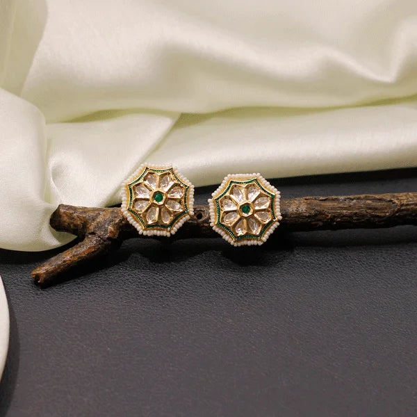 Kundan Pearl Hexagon Studs