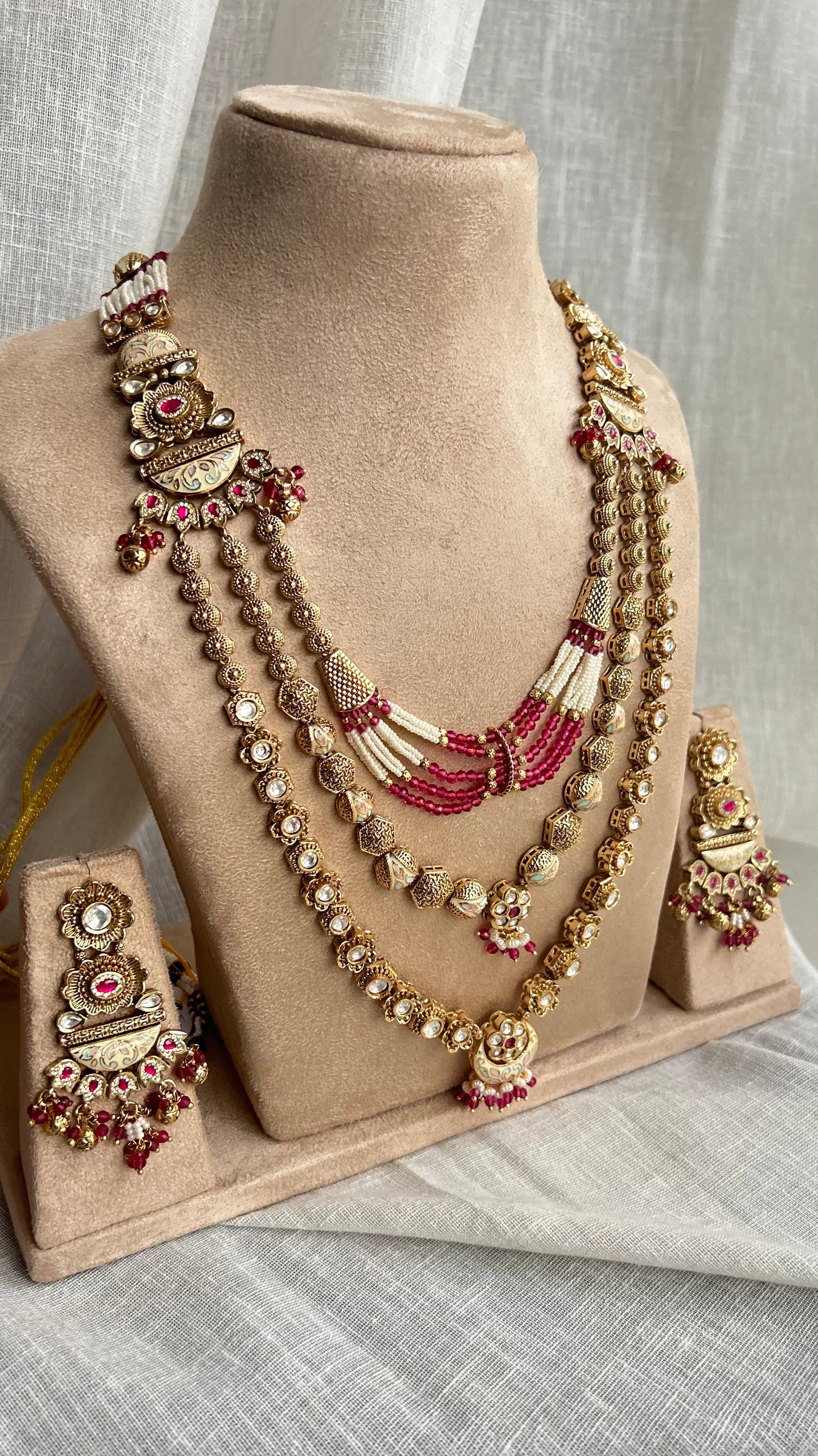 Pink Triple Layer Long Necklace Set (Necklace & Earrings)