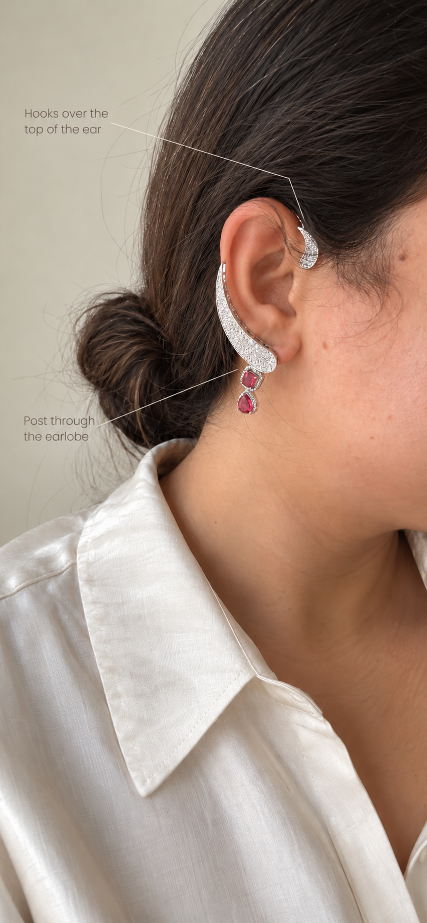 Celeste American Diamond Ear Cuff Earrings with Ruby Drops