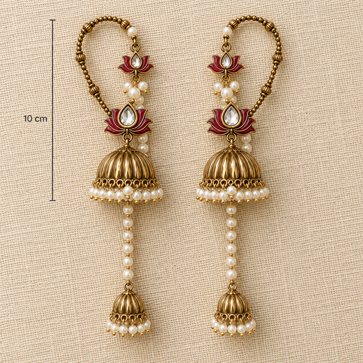 Red Kamal Ear Cuff Jhumka Earrings