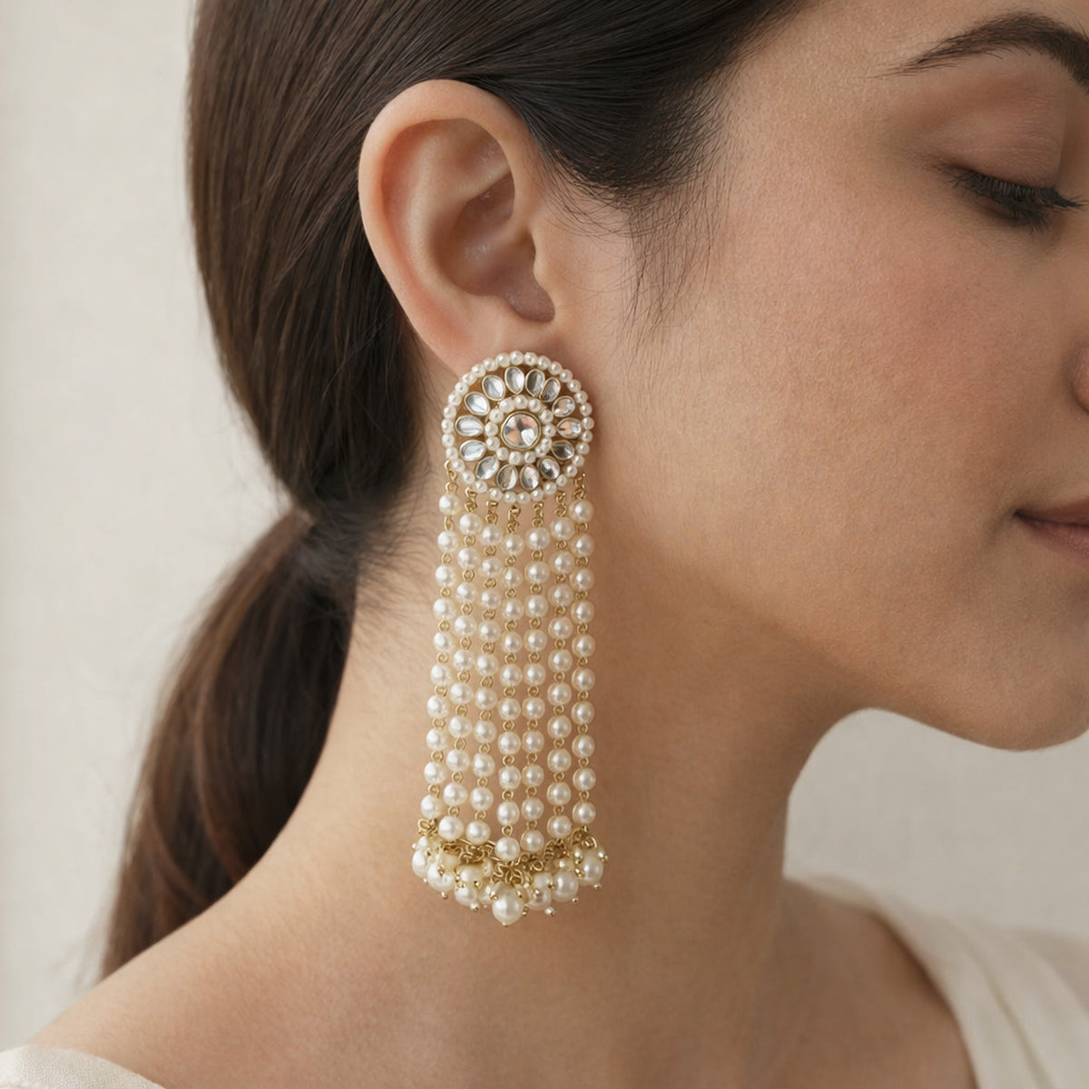 Jharna Kundan Pearl Tassel Earrings