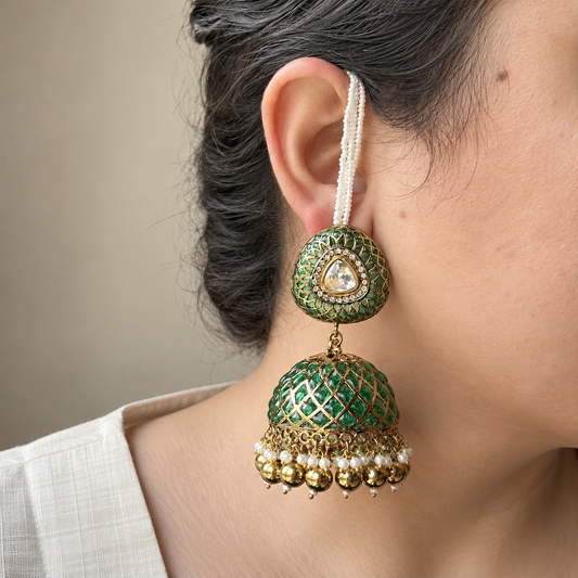 Emerald Jaali Jhumka Earrings with Detachable Ear Chains