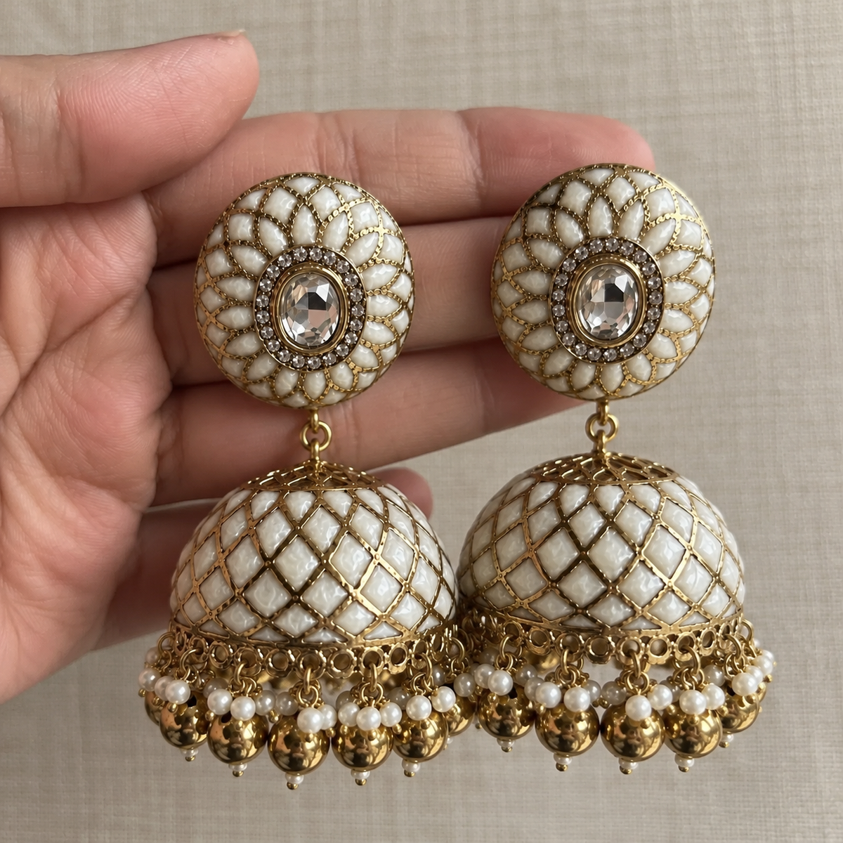 White Jaali Jhumka Earrings with Detachable Ear Chains