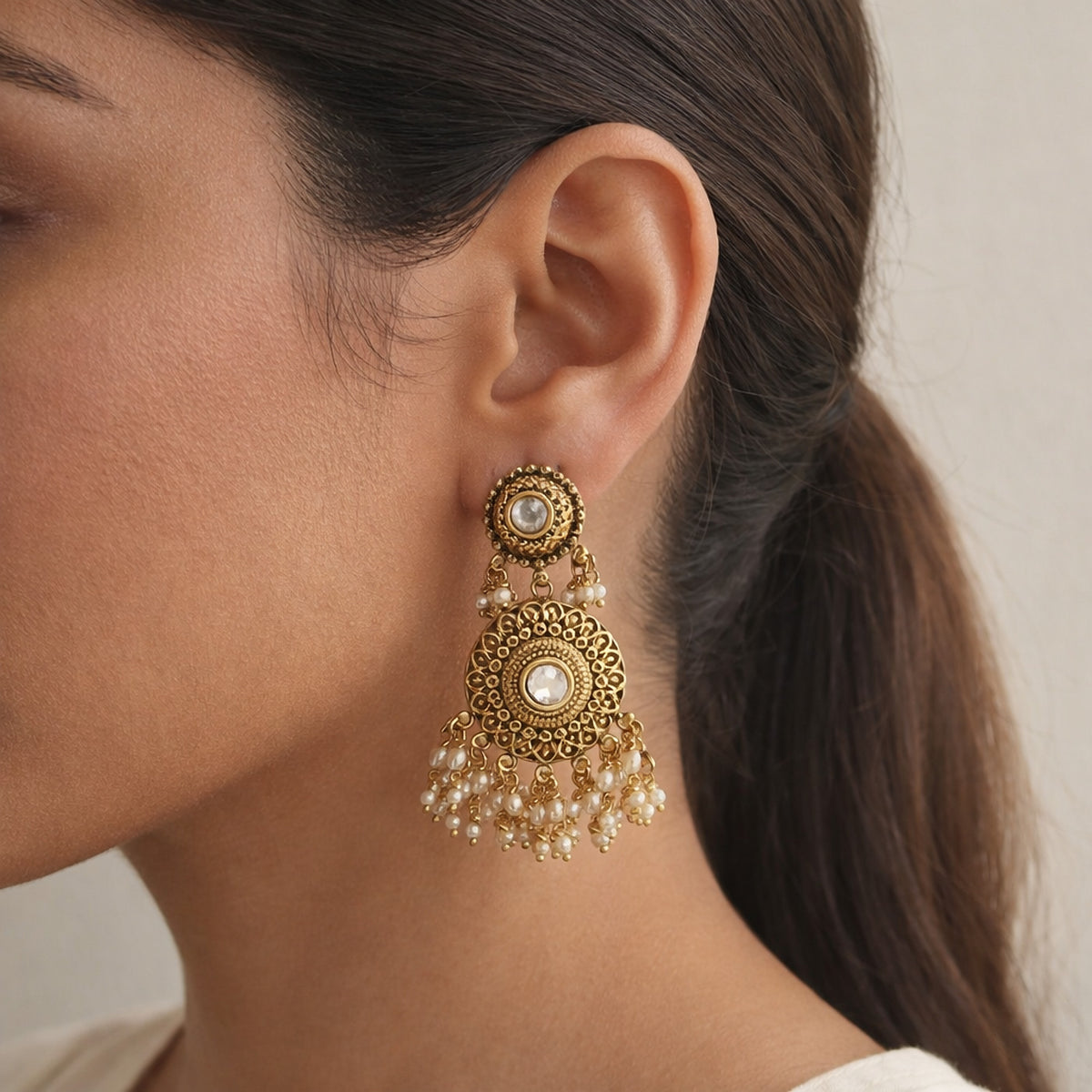 Suraj Kundan Pearl Drop Earrings
