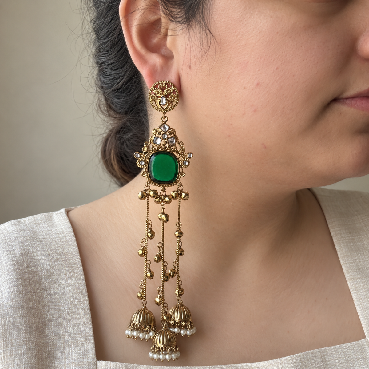 Emerald Chinar Kashmiri Earrings
