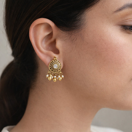 White Sevanti Kundan Stud Earrings with Drops