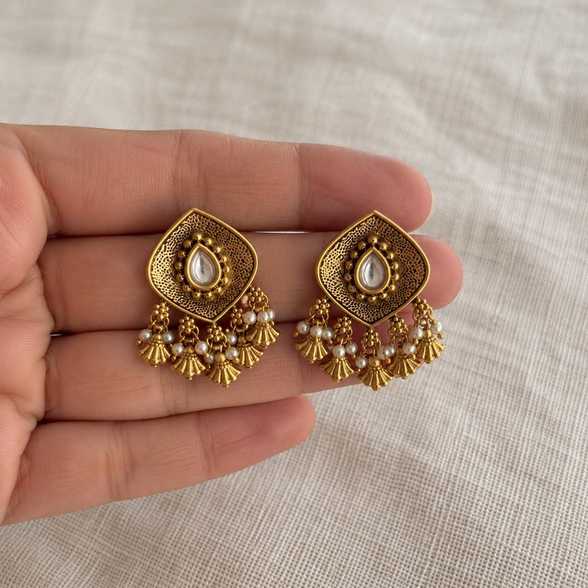 Paan Kundan Stud Earrings with Drops