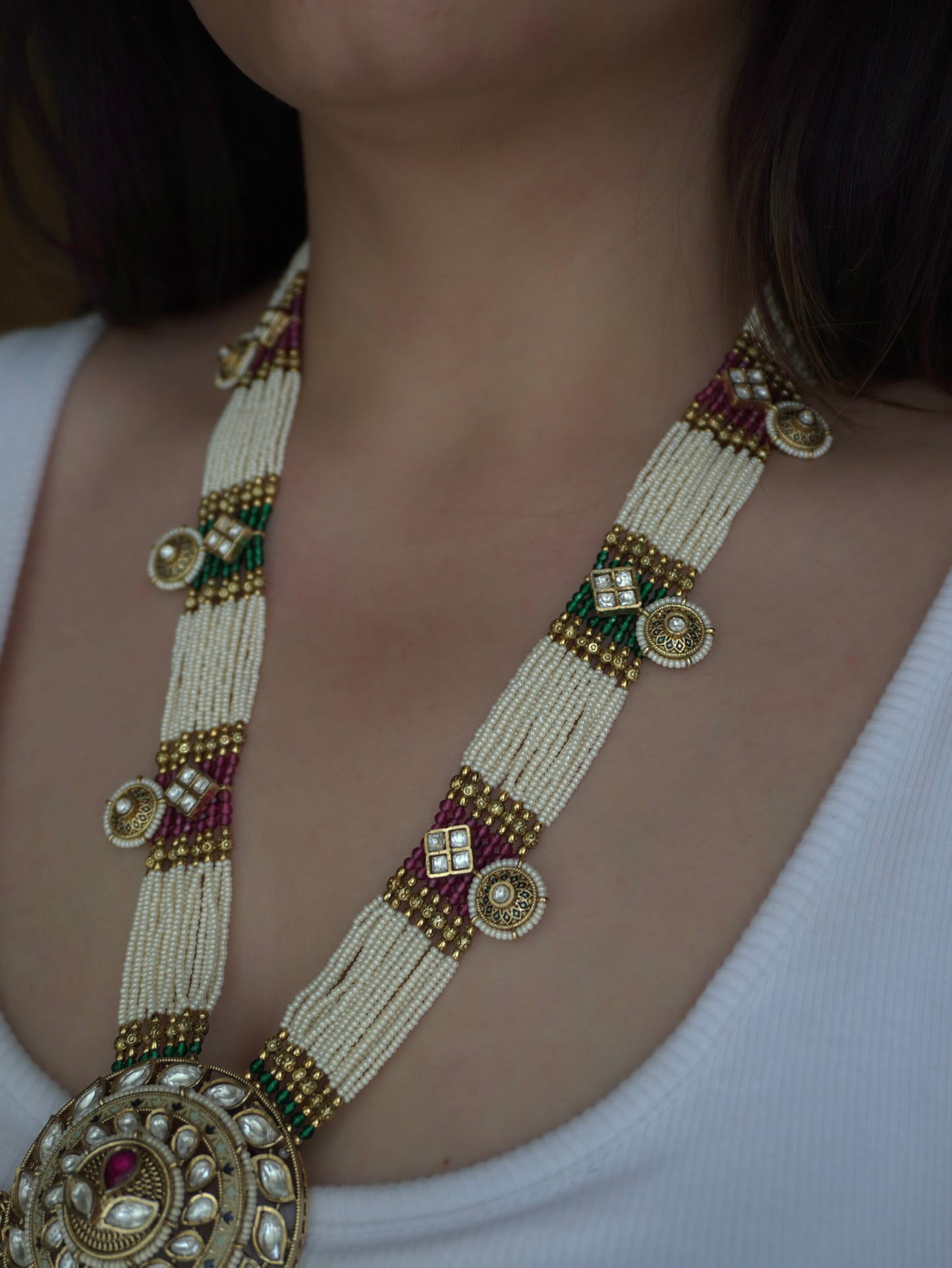 Multicolour Pearl Kundan Long Necklace Set (Necklace & Earrings)