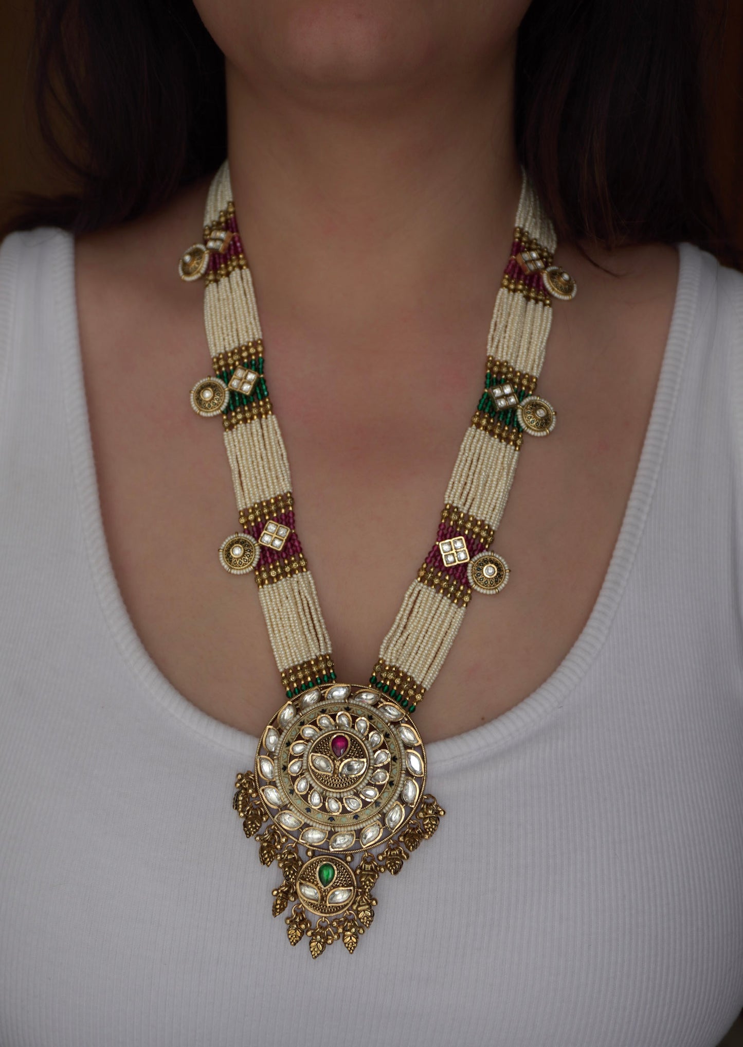 Multicolour Pearl Kundan Long Necklace Set (Necklace & Earrings)