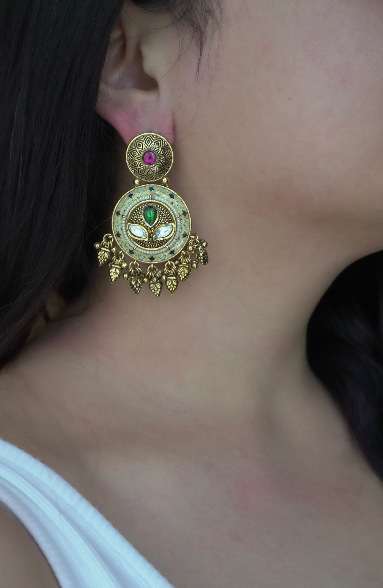 Multicolour Pearl Kundan Long Necklace Set (Necklace & Earrings)