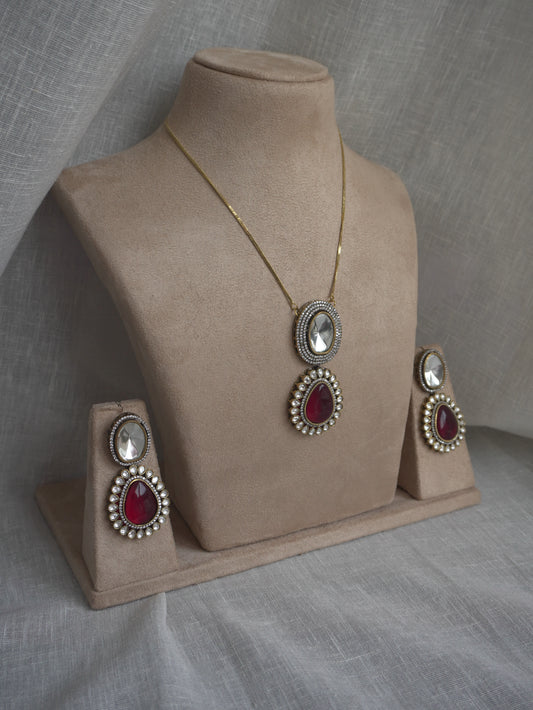 Dual Stone Ruby Pendant Necklace Set