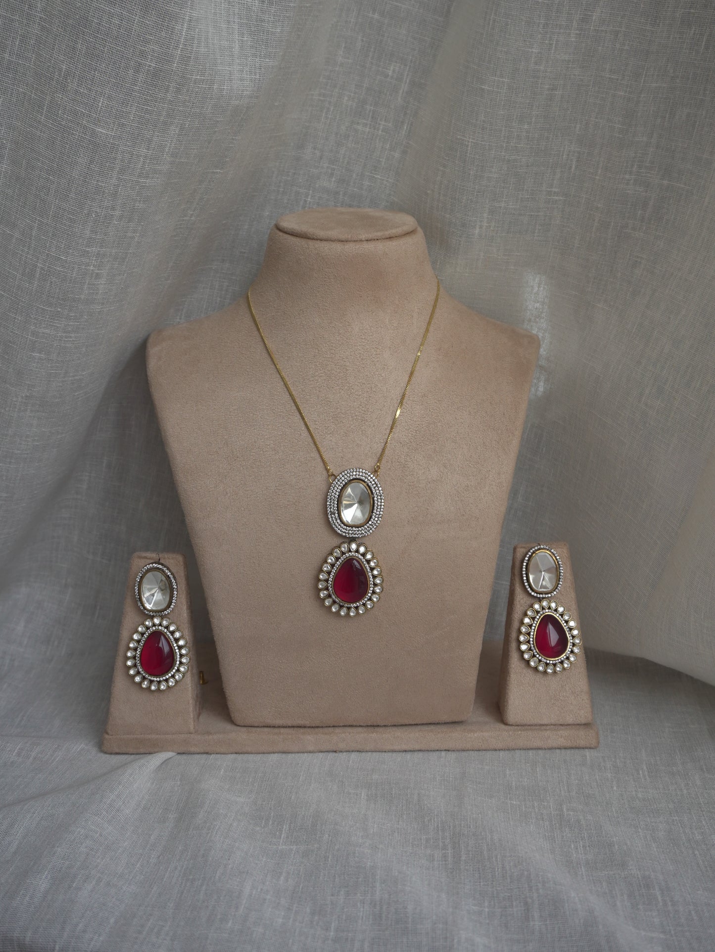 Dual Stone Ruby Pendant Necklace Set