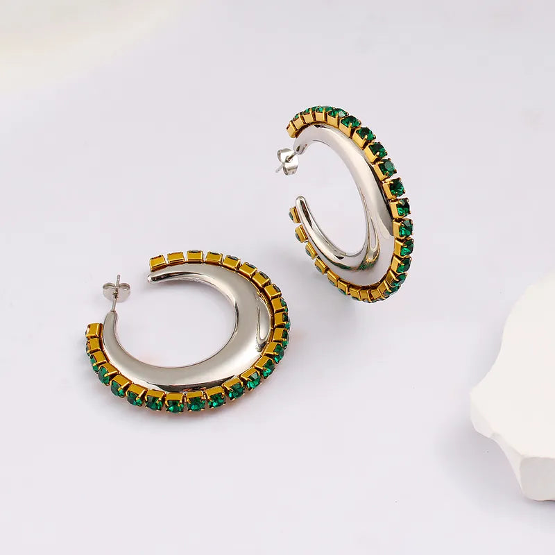 Emerald Rhinestone Embellished Chunky Hoop Earrings