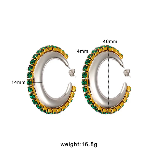 Emerald Rhinestone Embellished Chunky Hoop Earrings