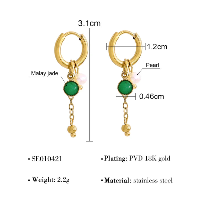 Green Jade Pearl Drop Hoop Earrings