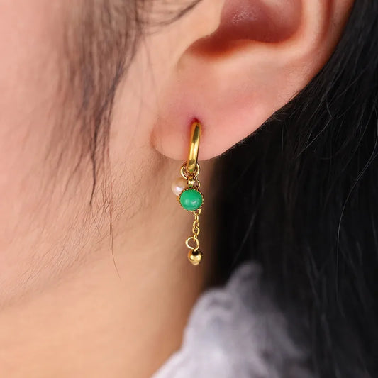 Green Jade Pearl Drop Hoop Earrings