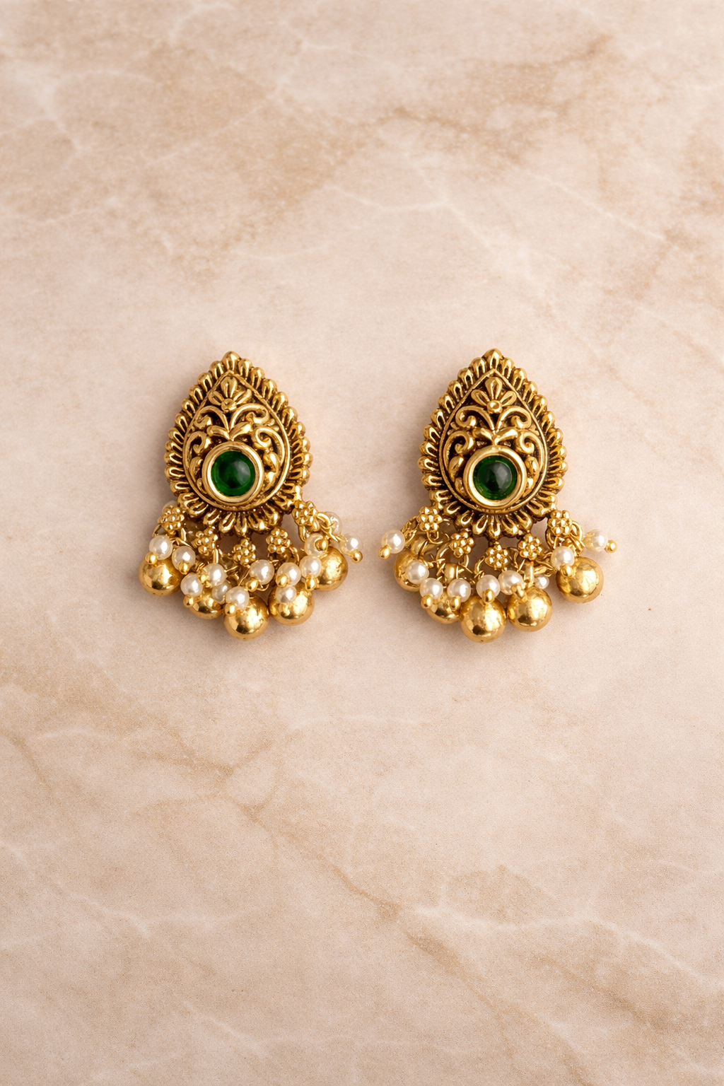 Green Stone Pearl Drop Stud Earrings