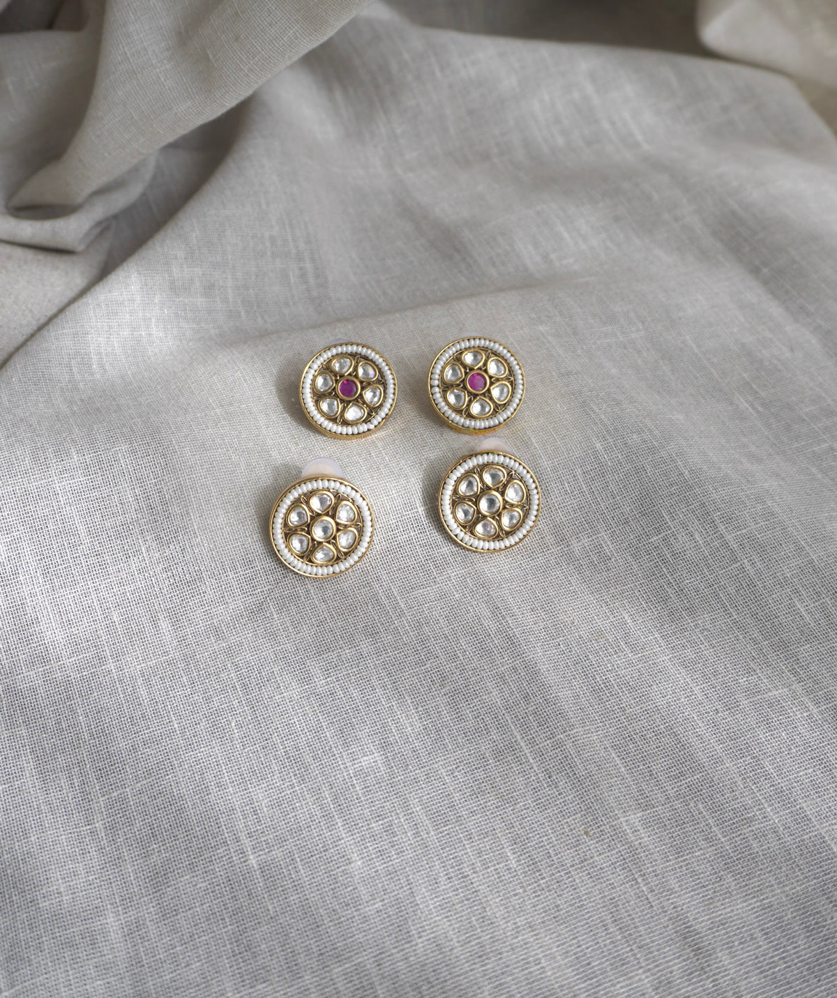 White Diya Kundan Stud Earrings