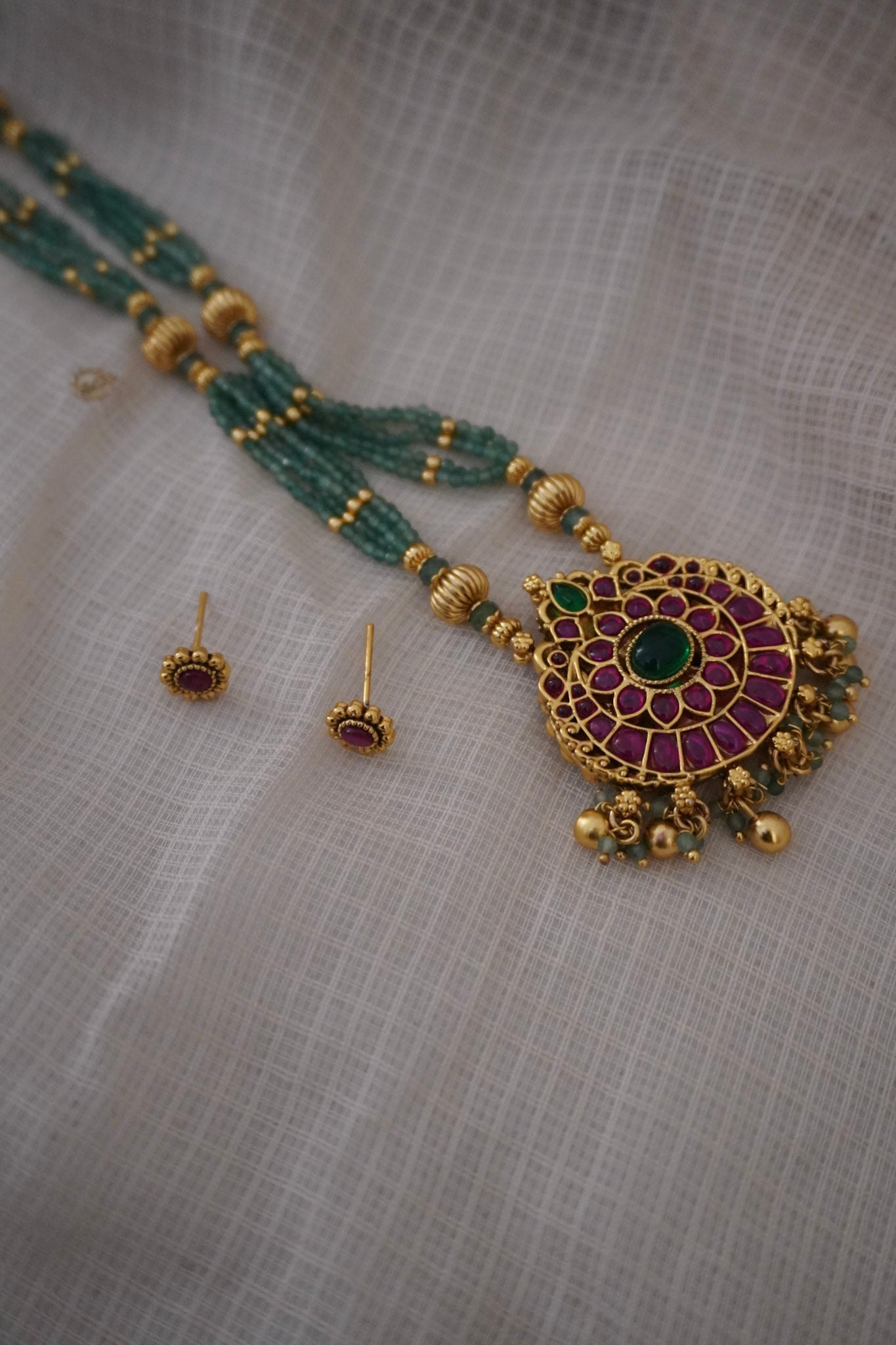 Temple Laxmi Green Necklace Set (6 in 1)