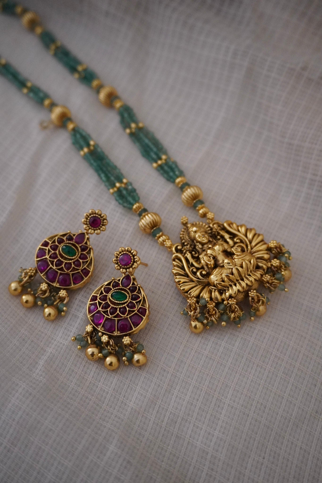Temple Laxmi Green Necklace Set (6 in 1)