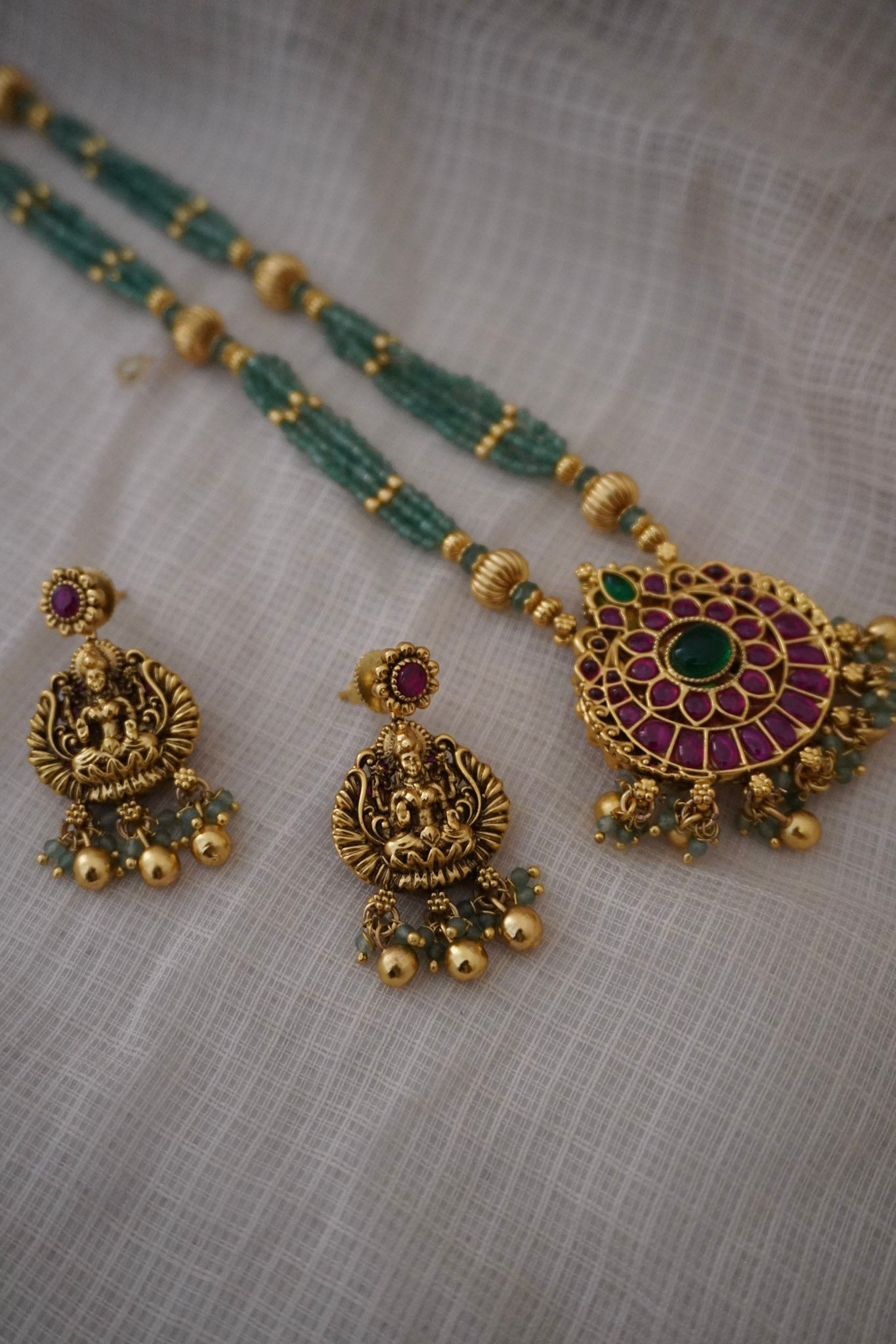 Temple Laxmi Green Necklace Set (6 in 1)
