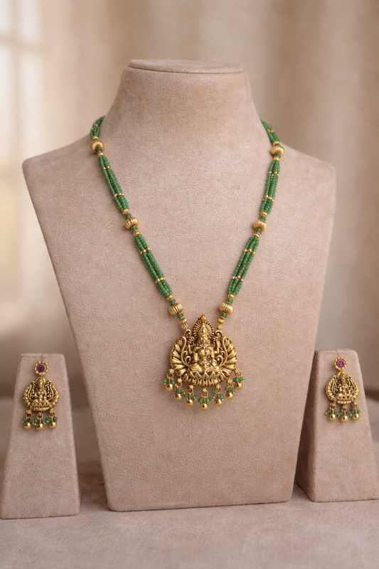 Lakshmi Kemp Temple Necklace Set (2-Way Pendant & Reversible Earrings)