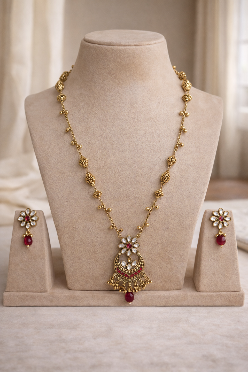 Ruby Drop Temple Necklace Set (Necklace & Earrings)