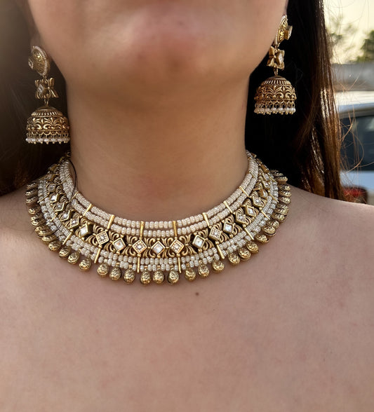 White Alisha Kundan Necklace Set with Jhumkas