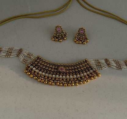Temple Pearl Pink Choker Necklace Set