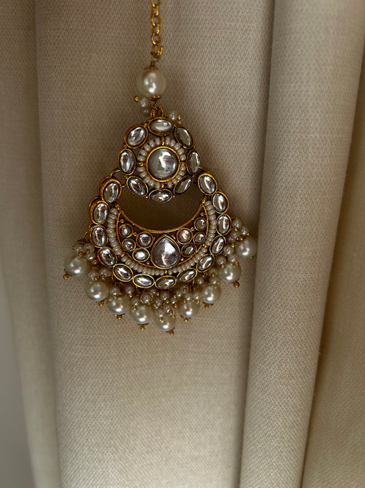 White Kundan Jhumkas with Hair Chain & Maang Tikka Set