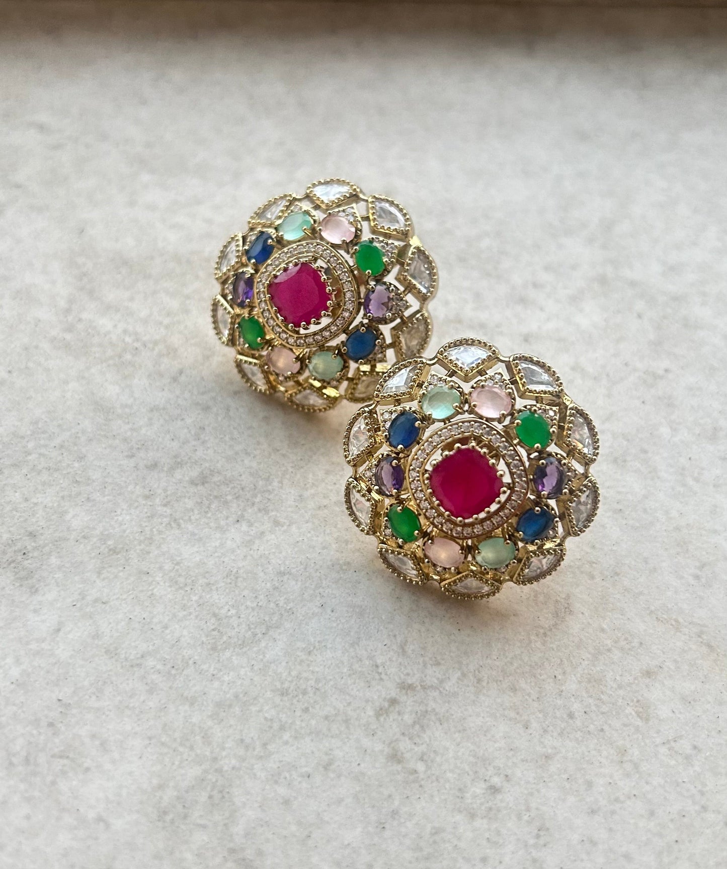 Mossanite Polki Navratna Victorian Stud Earrings