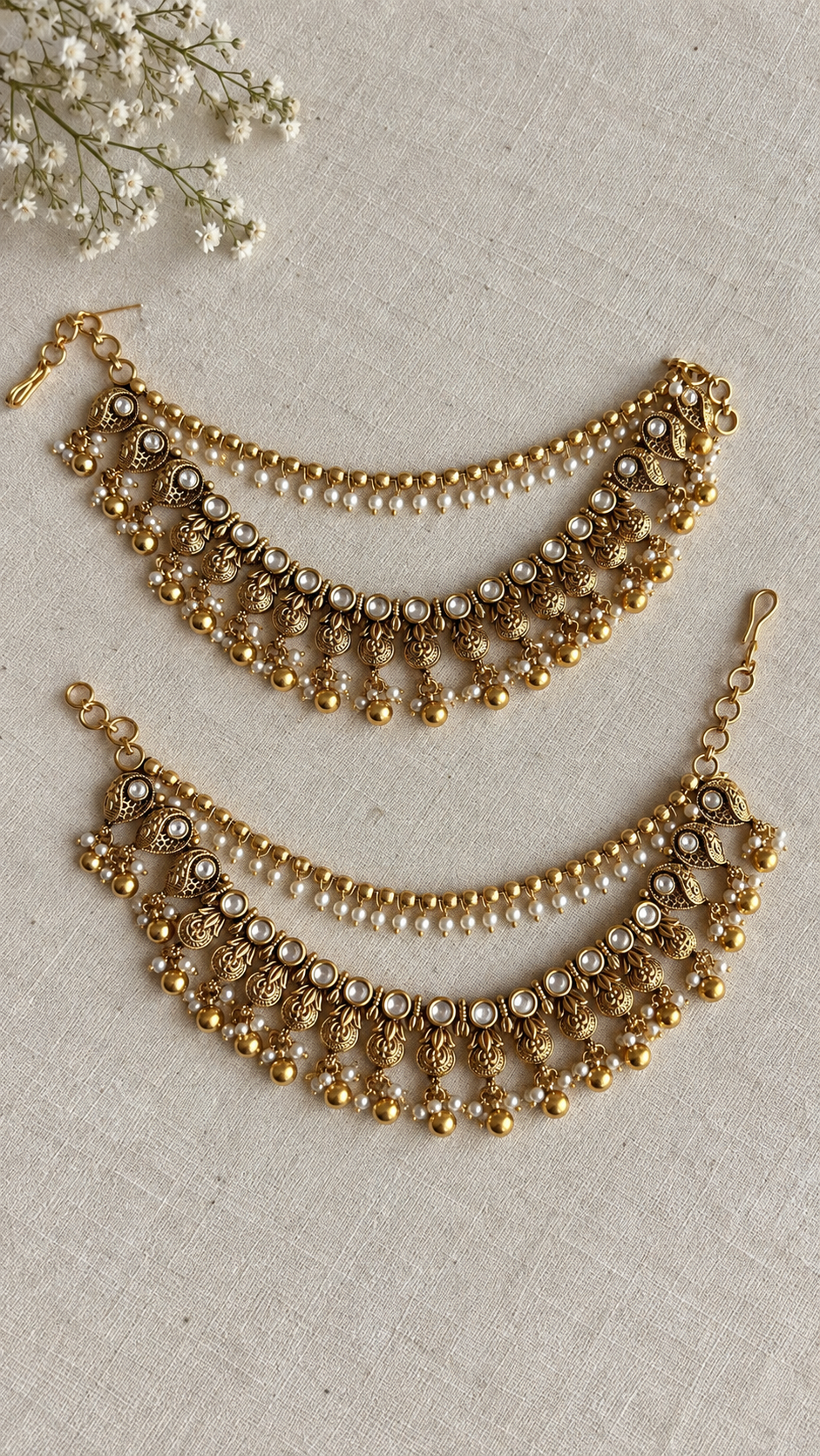 Shahi Kundan Kanauti with Pearls (Ear Chain)