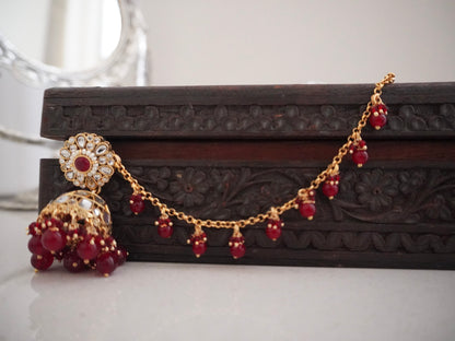 Red Kundan Jhumkas with Hair Chain & Maang Tikka Set