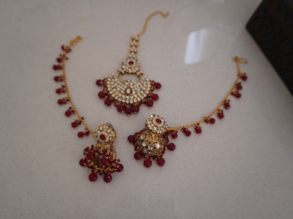 Red Kundan Jhumkas with Hair Chain & Maang Tikka Set