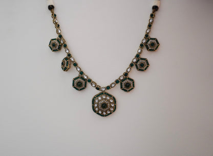 Green Heeya Kundan Pearl Necklace (Necklace, Earrings, Maang Tikka)