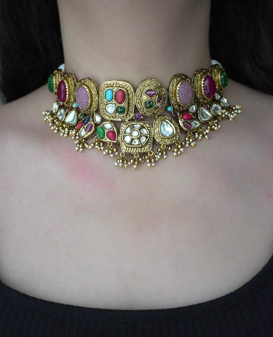 Multicolour Kumud Choker Necklace Set (Earrings & Necklace)
