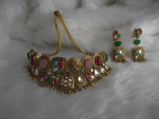 Multicolour Kumud Choker Necklace Set (Earrings & Necklace)