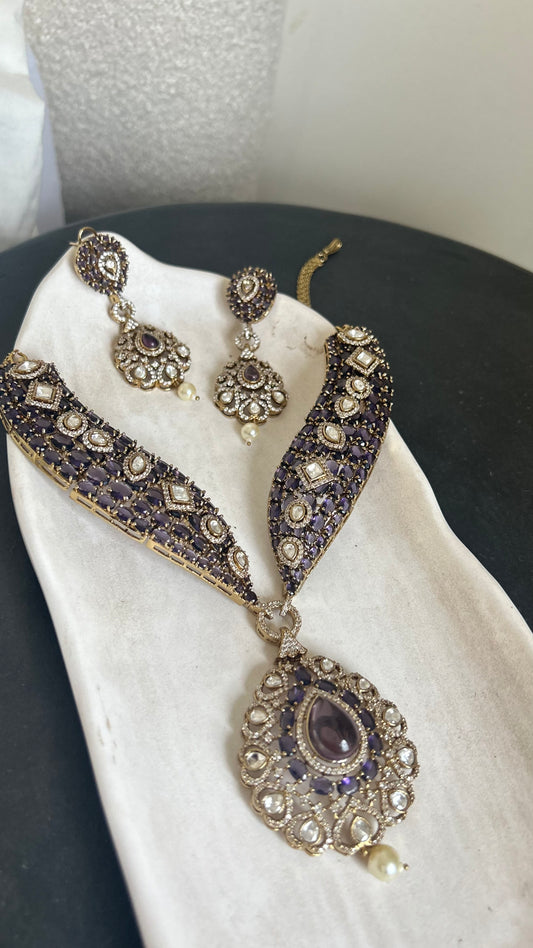 Purple Polki Kundan Necklace Set (Necklace & Earrings)