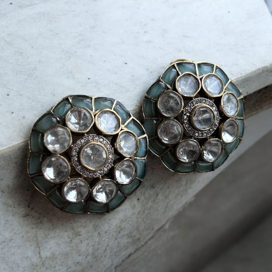 Mint Mossanite Kundan Polki Stud Earrings