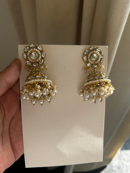 White Kundan Jhumkas with Hair Chain & Maang Tikka Set