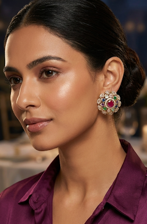 Mossanite Polki Navratna Victorian Stud Earrings